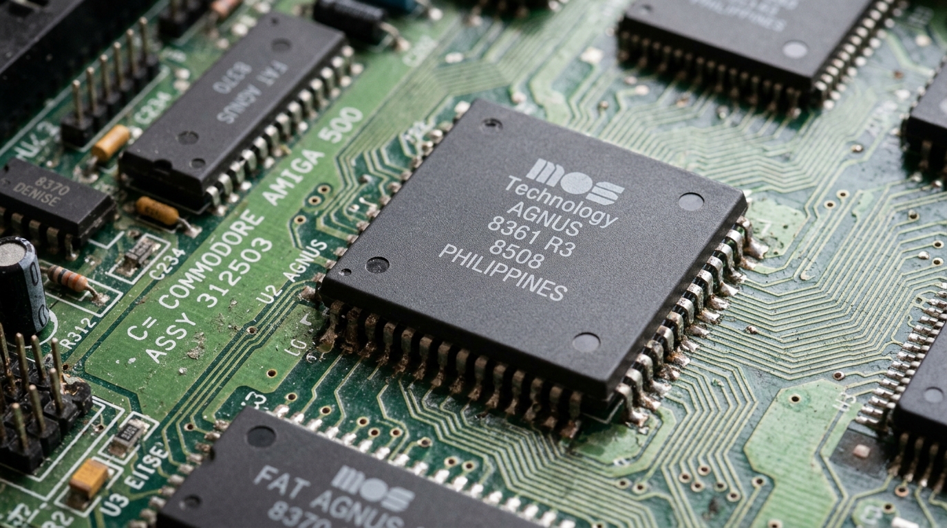 A photorealistic image of the Amiga's Agnus custom chip, which contains the Copper co-processor, sitting on a circuit board.
